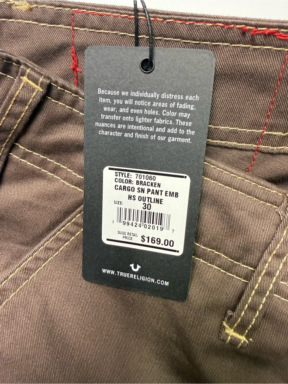 True Religion Cargo Pants EMB Outline Mens  30x32 Color Bracken Retail $169 NWT